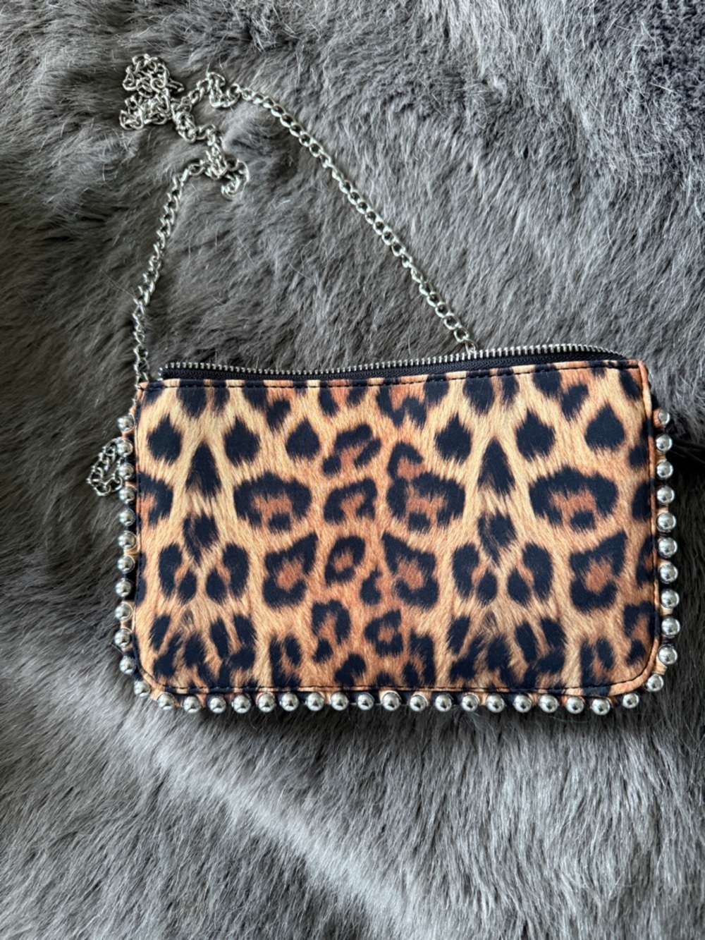Zara Leopard Print Crossbody Clutch with Silver Stud Trim - Brown/Black